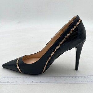 FYS Black Sexy Pointed Toe Slip on Pumps Zipper Snake Pattern Stiletto Shoe